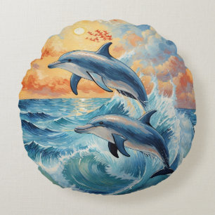 Artistic Two Jumping Dolphins Sunset Ocean  Round Cushion