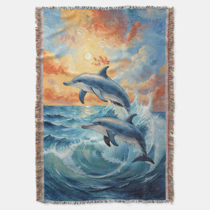 Artistic Two Jumping Dolphins Sunset Ocean Throw Blanket
