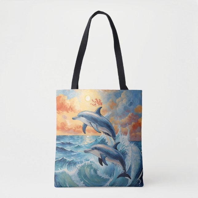 Artistic Two Jumping Dolphins Sunset Ocean  Tote Bag (Front)