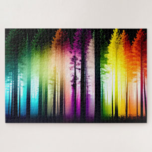 Artistic Vibrant Rainbow Forest Silhouette Trees Jigsaw Puzzle