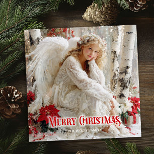Artistic Victorian angel red and gold watercolor   Holiday Card