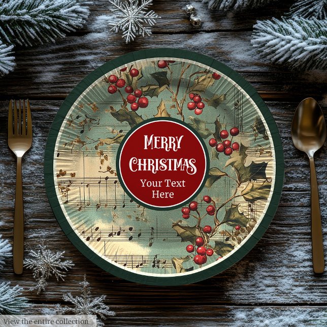 Artistic vintage Christmas carols holly berries Paper Plate (Artistic vintage Christmas carols holly berries Paper Plates)