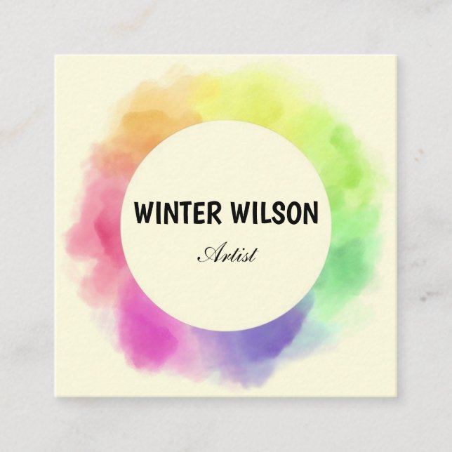 Artistic watercolor alcohol ink rainbow  square business card (Front)