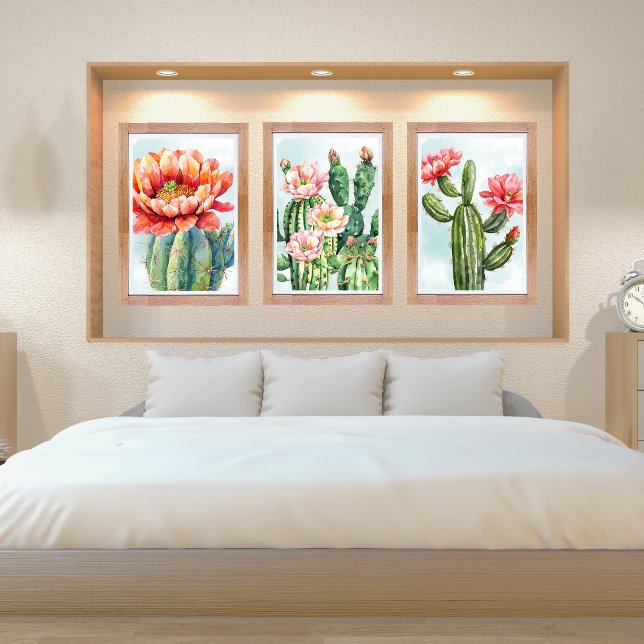 Artistic Watercolor Blossoming Cactus (Watercolor Blossoming Cactus Wall Art Cacti Prints for Home or Office)