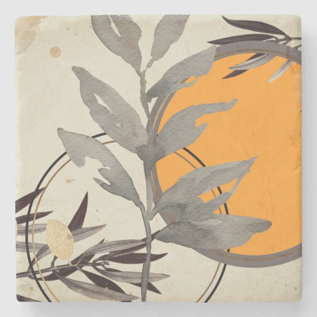 Artistic Watercolor Botanical | Orange & Grey Stone Coaster (Front)