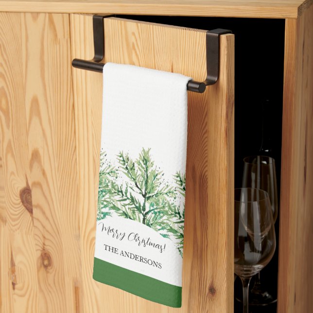 Artistic Watercolor Green Tree Personalised Tea Towel (Thirds Fold)