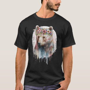 Artistic Watercolor Grizzly Bear Flower Crown Boho T-Shirt