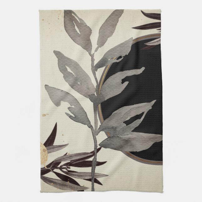 Artistic Watercolor Leaves | Black & Ivory Tea Towel (Vertical)