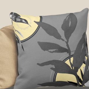 Artistic Watercolor Leaves   Dark Grey & Yellow Cushion