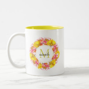 Artistic Watercolor Poppy Wreath Monogram Two-Tone Coffee Mug
