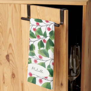 Artistic Watercolor Red and Green Berry Branches Tea Towel
