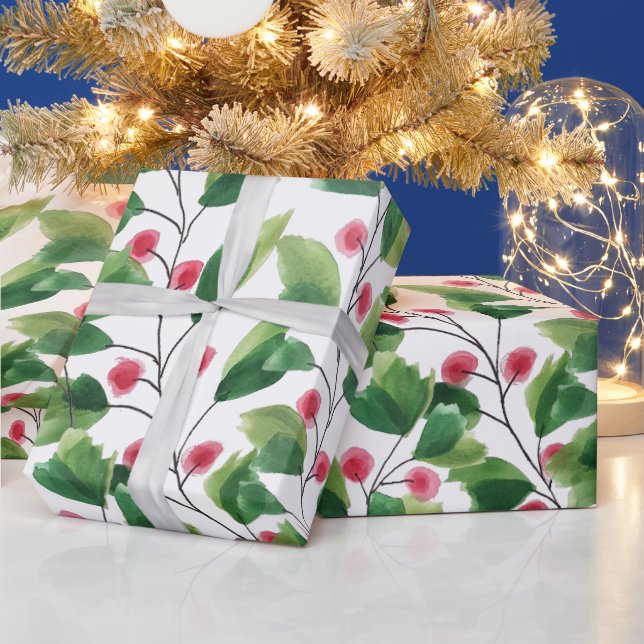 Artistic Watercolor Red and Green Berry Branches Wrapping Paper (Holidays)