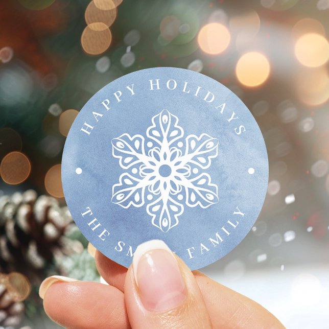Artistic Watercolor Snowflake blue Christmas Classic Round Sticker (Artistic Watercolor Snowflake blue Christmas Classic Round Sticker)