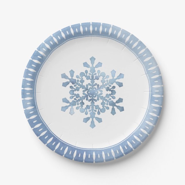 Artistic Watercolor Snowflake Blue Christmas Paper Plate (Front)