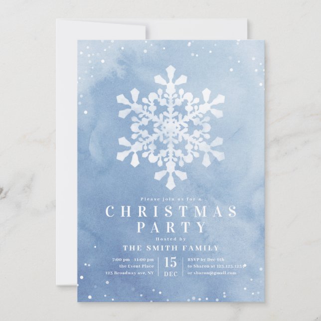 Artistic Watercolor Snowflake Blue Christmas Party Invitation (Front)