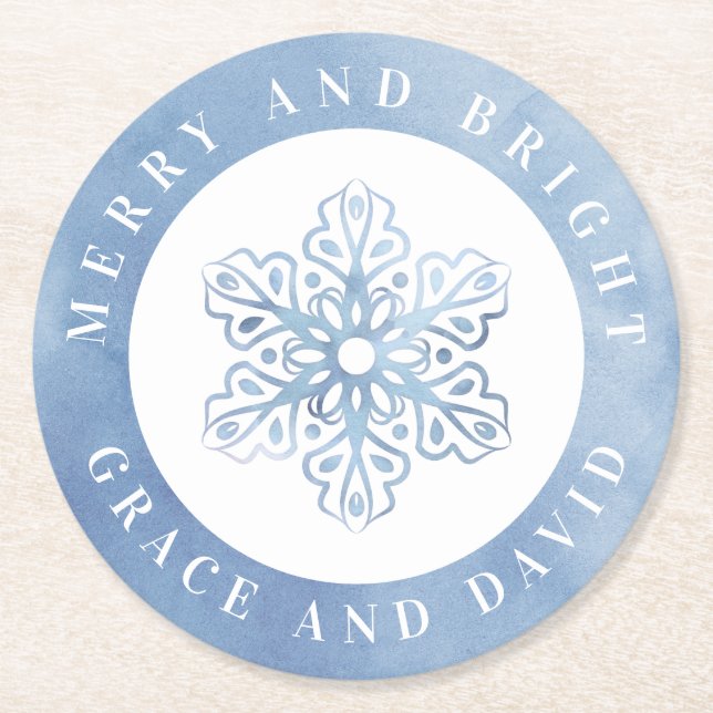 Artistic Watercolor Snowflake blue Christmas Round Paper Coaster (Front)