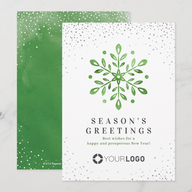 Artistic Watercolor Snowflake Green Christmas card (Front/Back)