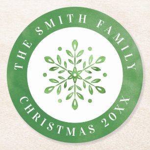 Artistic Watercolor Snowflake Green Christmas Round Paper Coaster