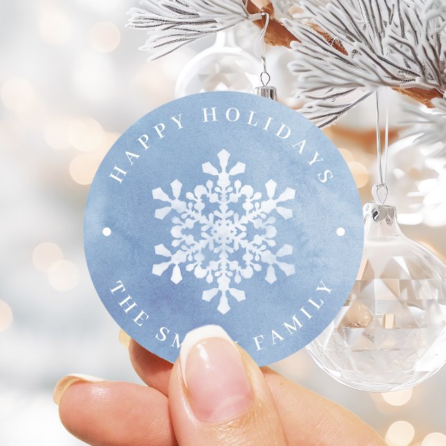 Artistic Watercolor Snowflakes blue Christmas Classic Round Sticker (Artistic Watercolor Snowflakes blue Christmas Classic Round Sticker)