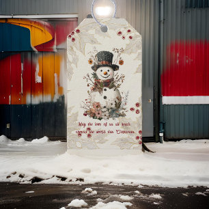 Artistic Watercolor Snowman Beige Floral  Gift Tags