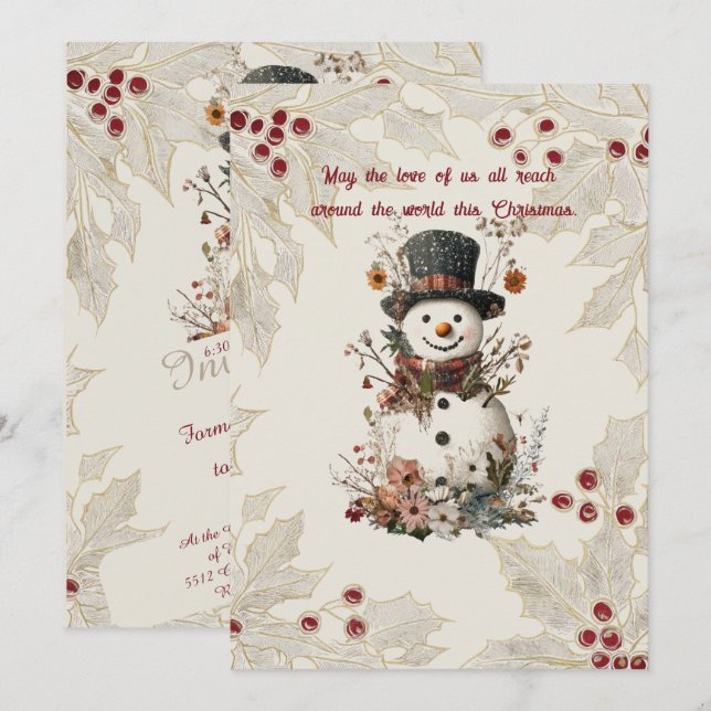 Artistic Watercolor Snowman Beige Floral  Invitation (Front/Back)