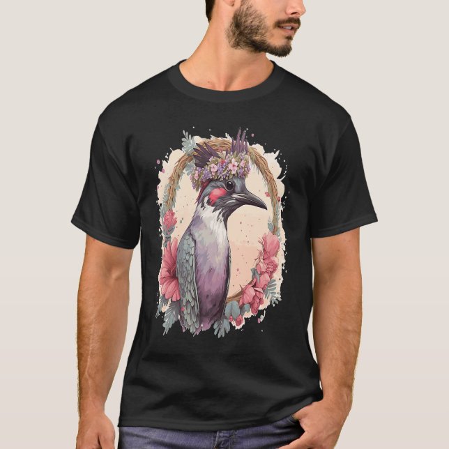 Artistic Watercolor Woodpecker Bird Flower Crown P T-Shirt (Front)