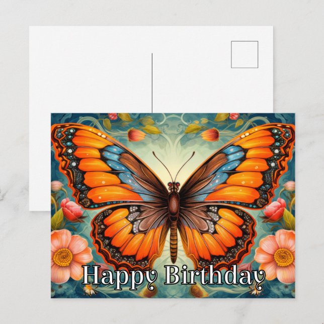 Artistic Whimsical Butterfly Happy Birthday Holiday Postcard (Front/Back)