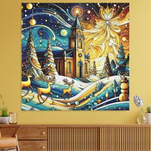 Artistic Whimsical Church with Christmas Trees Canvas Print
