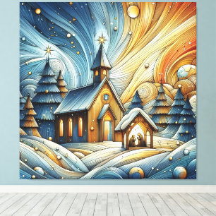 Artistic Whimsical Church with Christmas Trees Canvas Print