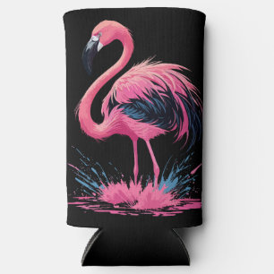 Artistic Whimsical Pink Flamingo Splash   Black Seltzer Can Cooler