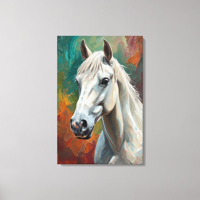 Artistic White Horse Portrait Vibrant Oil Painting Canvas Print (Front)