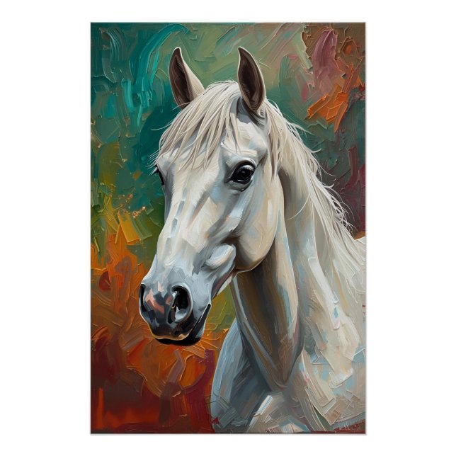 Artistic White Horse Portrait Vibrant Oil Painting Poster (Front)
