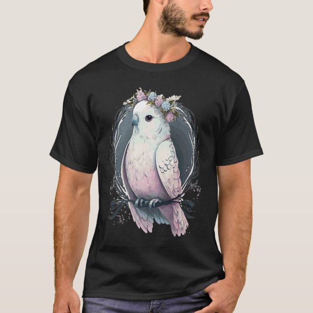Artistic White Parakeet Budgie Bird Flower Crown P T-Shirt (Front)