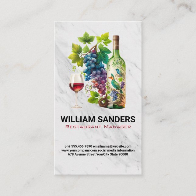 Artistic Wine Bottle and Glassware Grapes Business Card (Front)