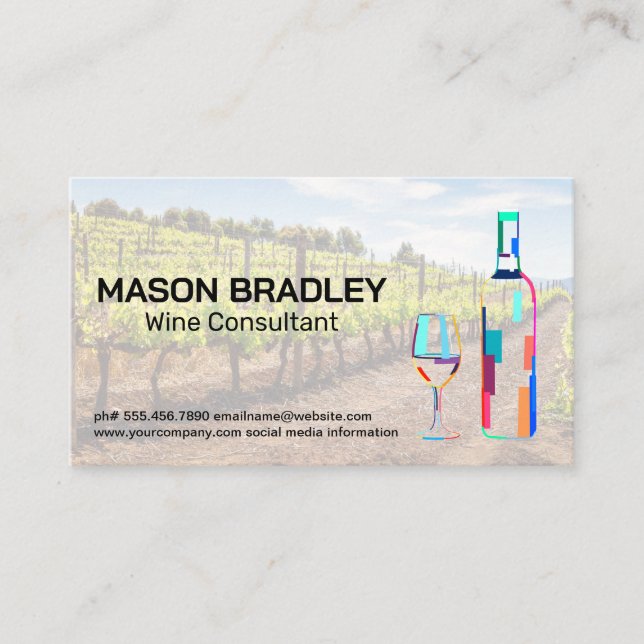 Artistic Wine Glass Bottle Logo | Vineyard  Business Card (Front)