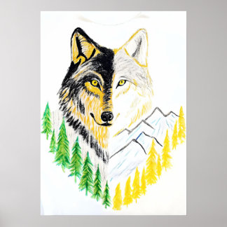 Artistic Wolf Portrait with Nature Background Poster
