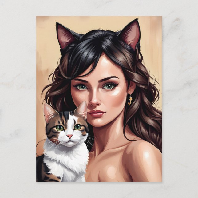 Artistic woman with cat postcard (Front)