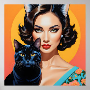 Artistic woman with cat poster