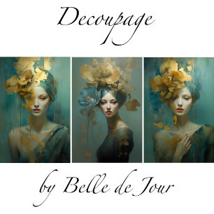 Artistic women's portraits, gold accents, flowers wrapping paper sheet