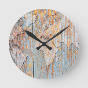 Artistic wooden world map round clock