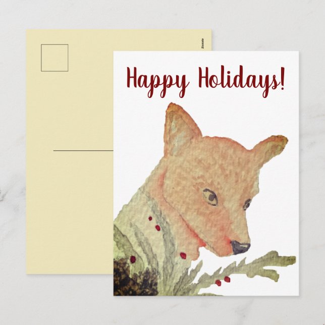 Artistic Woodland Christmas Fox Holiday Postcard (Front/Back)