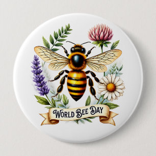Artistic World Bee Day Illustration with Honeybee 10 Cm Round Badge