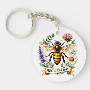 Artistic World Bee Day Illustration with Honeybee  Key Ring