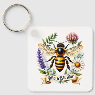 Artistic World Bee Day Illustration with Honeybee  Key Ring
