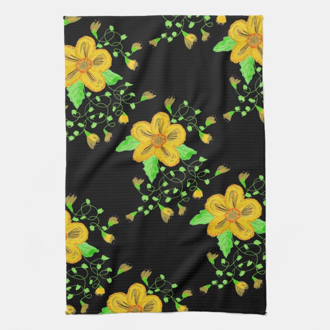 Artistic Yellow Floral With Black Tea Towel (Vertical)