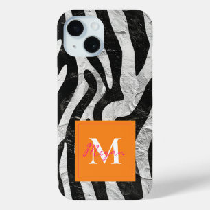 Artistic Zebra Stripes Orange & Hot Pink Monogram iPhone 15 Case