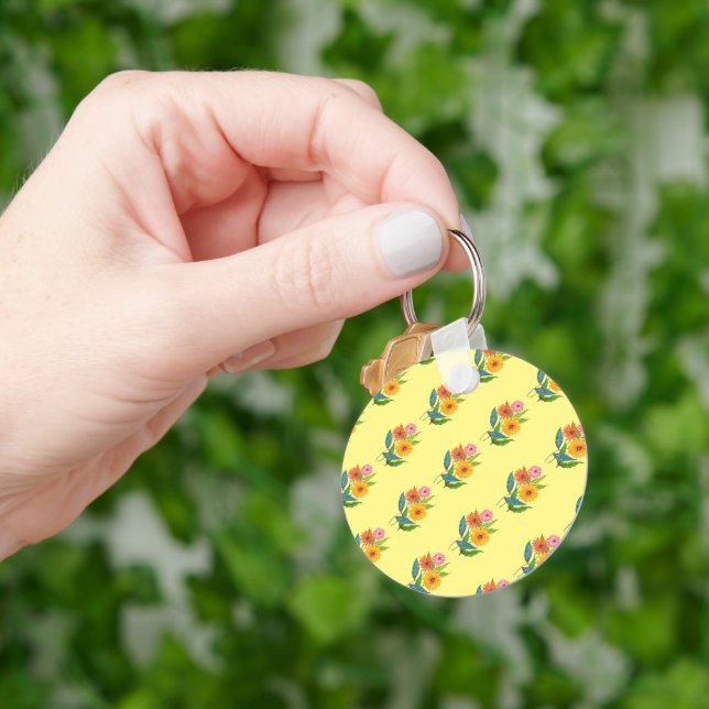 Artistic Zinnia Wildflower Flower Key Ring (Hand)