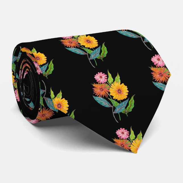 Artistic Zinnia Wildflower Flower Tie (Rolled)