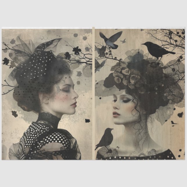 Artists Mixed Media Black Cream Large Faces Tissue Paper (Front)