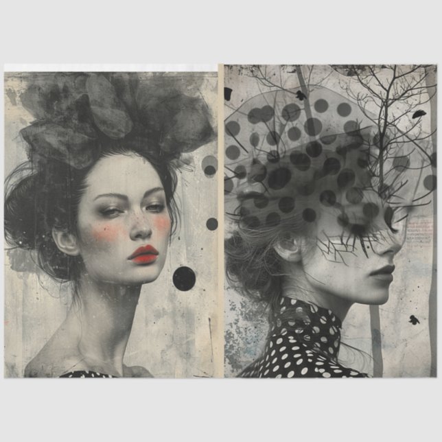 Artists Mixed Media Black White Cream Large Faces  Tissue Paper (Front)